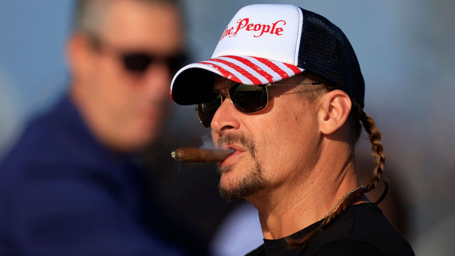 DAYTONA BEACH, FLORIDA - FEBRUARY 20: Recording artist Kid Rock looks on during the NASCAR Cup Series 64th Annual Daytona 500 at Daytona International Speedway on February 20, 2022 in Daytona Beach, Florida. (Photo by Mike Ehrmann/Getty Images)