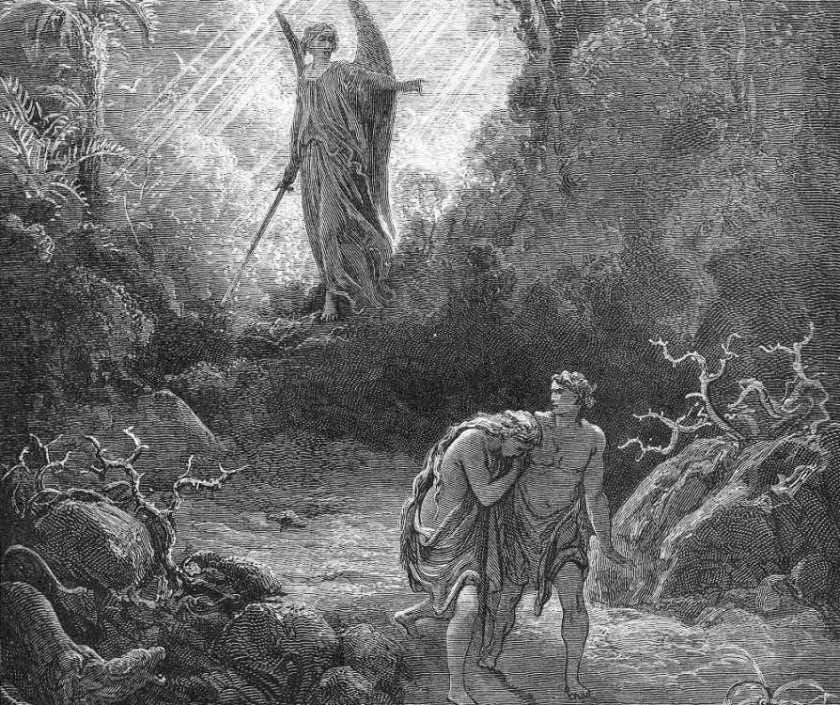 A picture of an old wood engraving by Gustave Dore showing Adam and Eve walking away from the Garden of Eden, with the gate behind them now blocked by an angel carrying a sword.