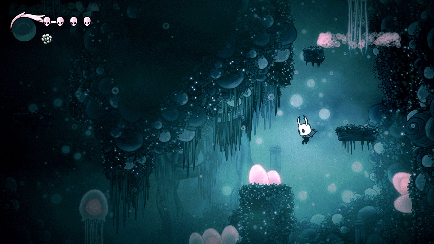 Hollow Knight jumping down into one of the game's levels.