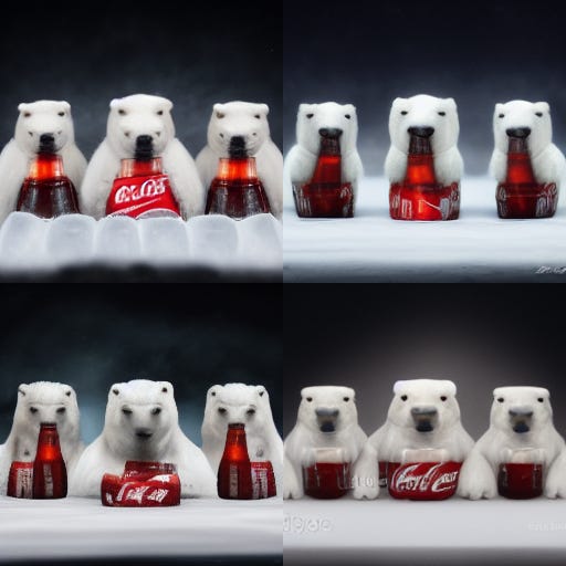 four polar bears, sitting on ice, drinking coca-cola bottles, 8k, photography, realistic