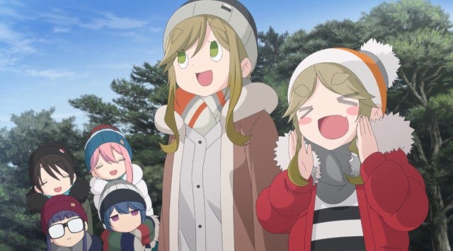Aoi Inuyama makes a 'this is a lie' face in Yuru Camp.