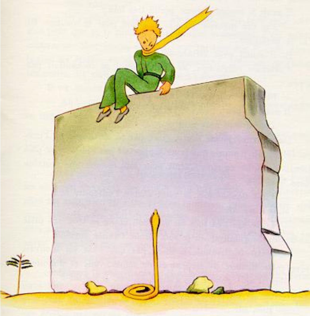 The Little Prince sitting on a wall, looking down at a yellow snake, with what is honestly a very mean expression on his face.