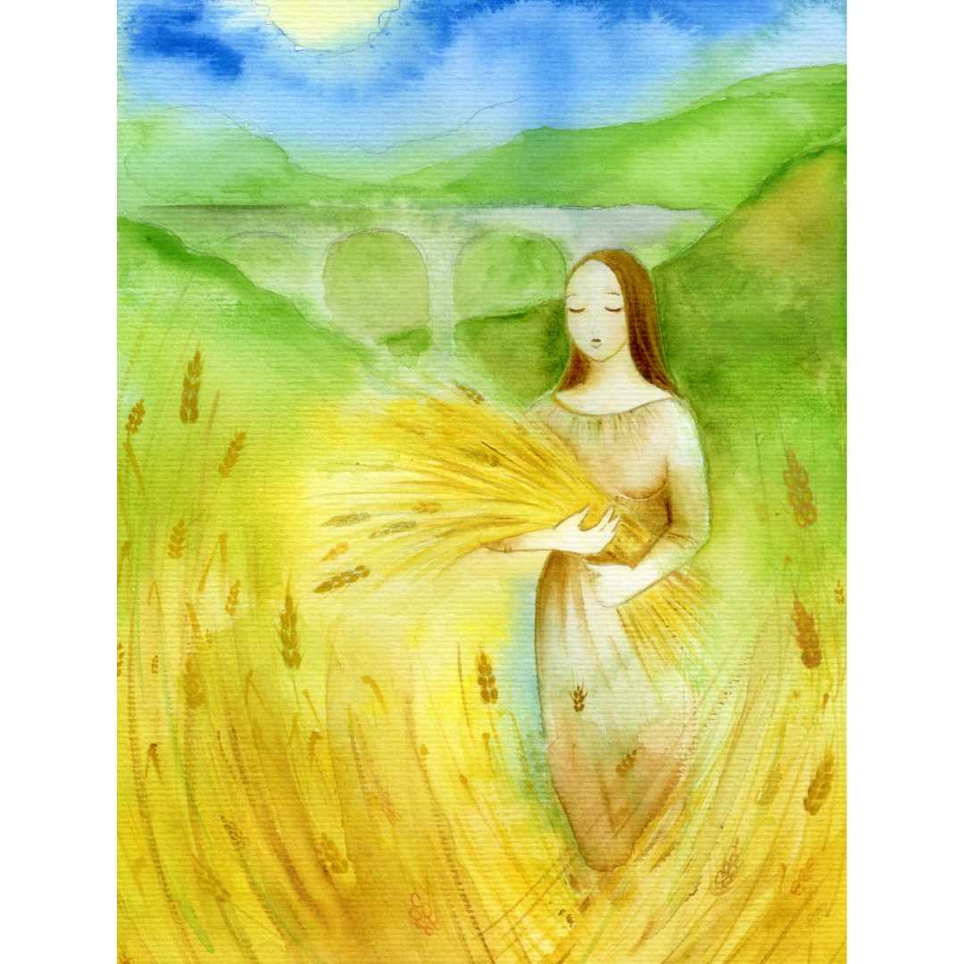 An illustration of a Virgo-figure gathering wheat.