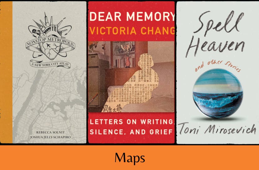 Three book covers (Nonstop Metropolis, Dear Memory and Spell Heaven) appear above the text “Maps” on an orange background.