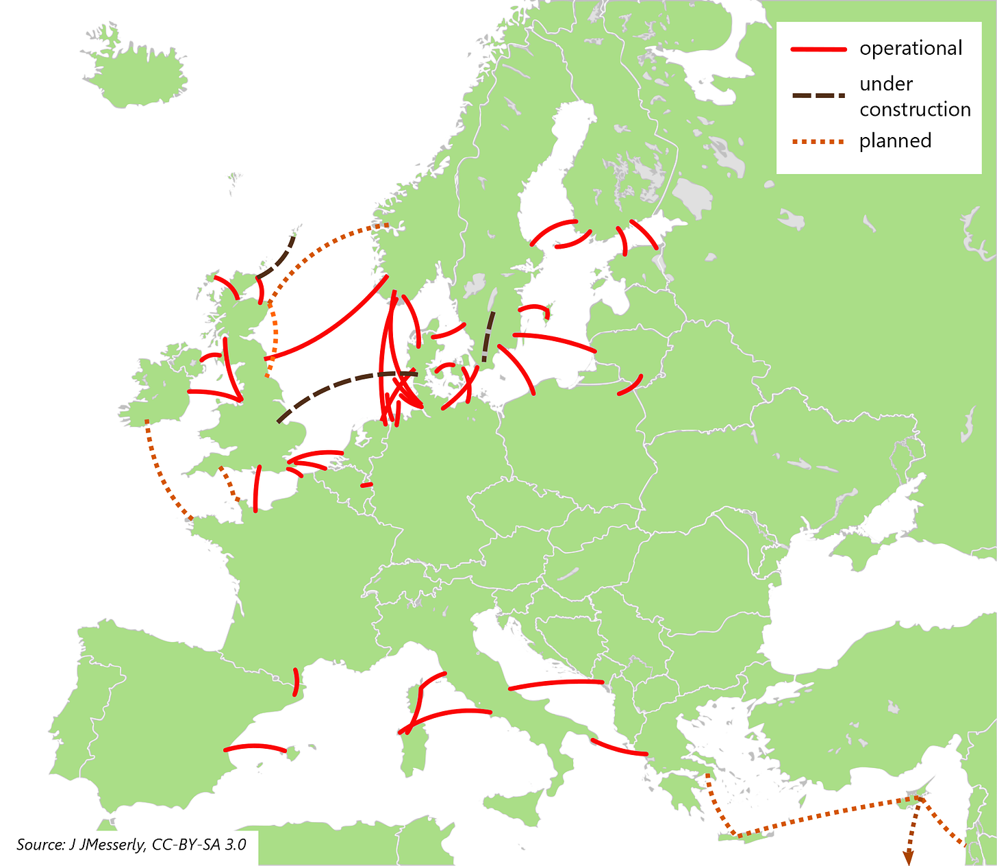 Map showing existing and proposed interconnectors in Europe