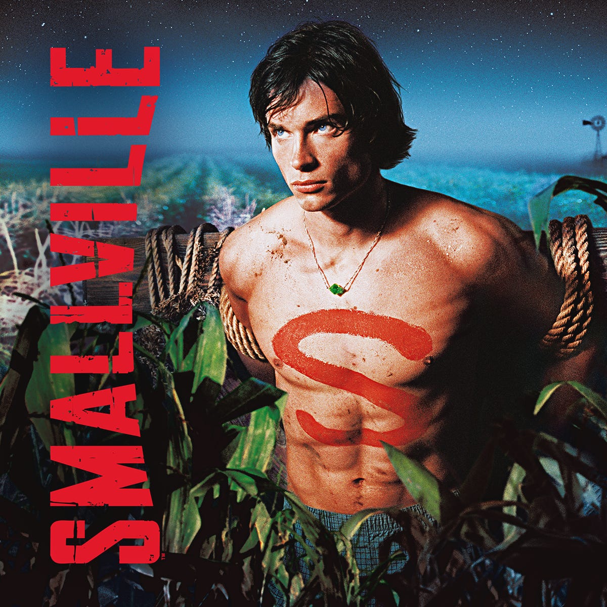 Smallville poster feature Clark Kent, tied up, with an 'S' painted on his chest. The Smallville logo is featured prominently.