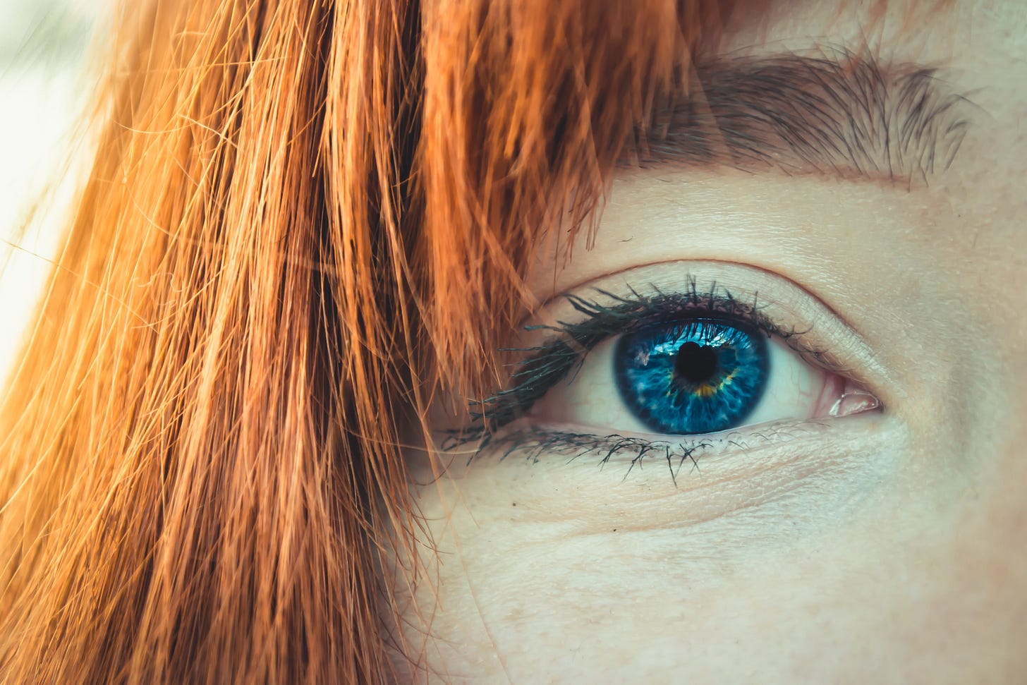 Close up of person with blue eye and red hair Close up of person with blue eye and red hair
