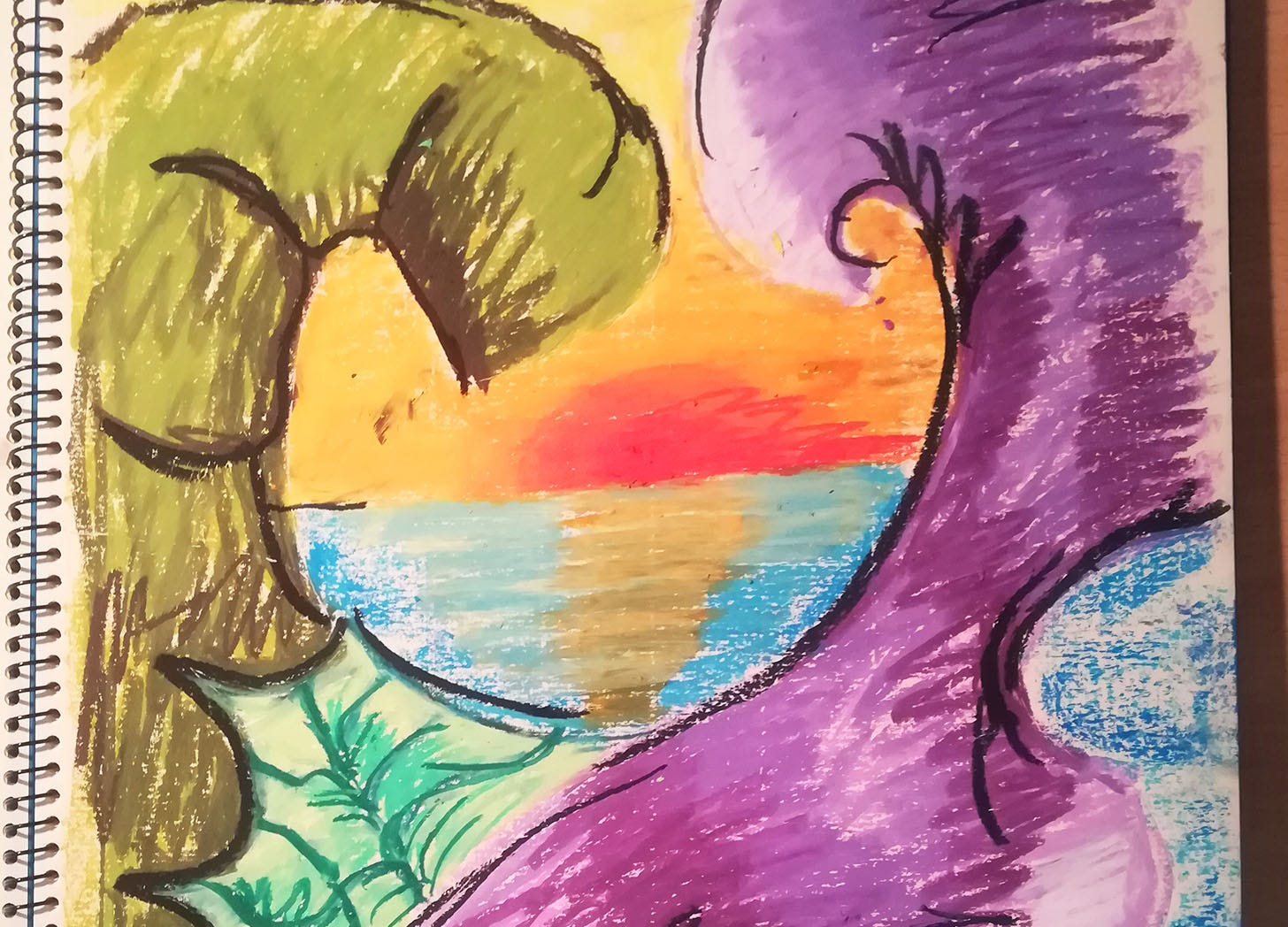 An abstract drawing with two plant-like creatures facing each other, one green, one purple. Another leaf-like shape rests between them. A sun sets into water in the background.