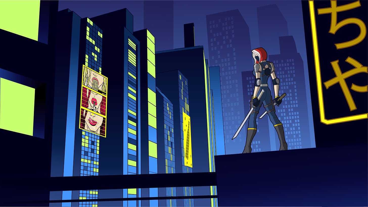 Futuristic anime warrior woman is a stylized urban skyline setting in predominantly blue and yellow