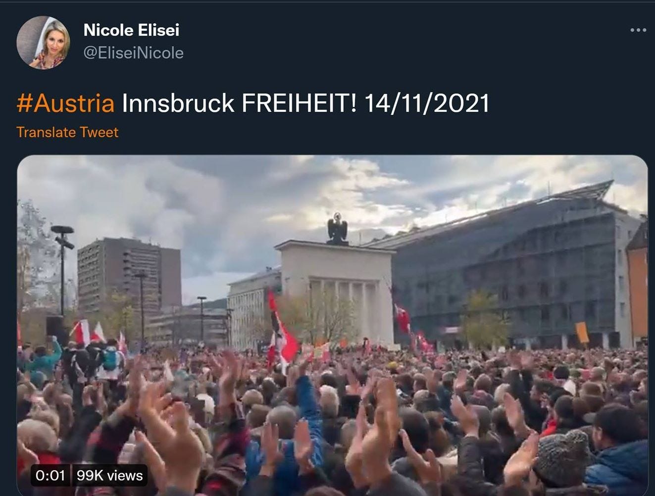 May be an image of 1 person, standing, outdoors and text that says 'Nicole Elisei @EliseiNicole #Austria Innsbruck FREIHEIT! 14/11/ 2021 Translate Tweet 0:01 99K views'