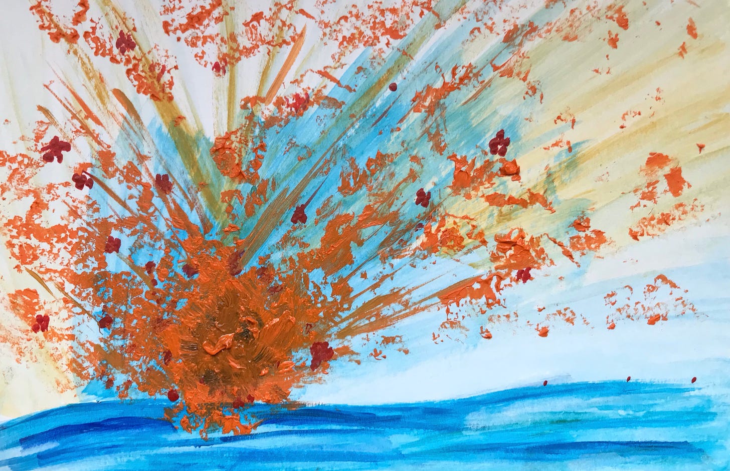 Abstract painting of an orange splatter exploding upwards, with a calm blue line at the bottom