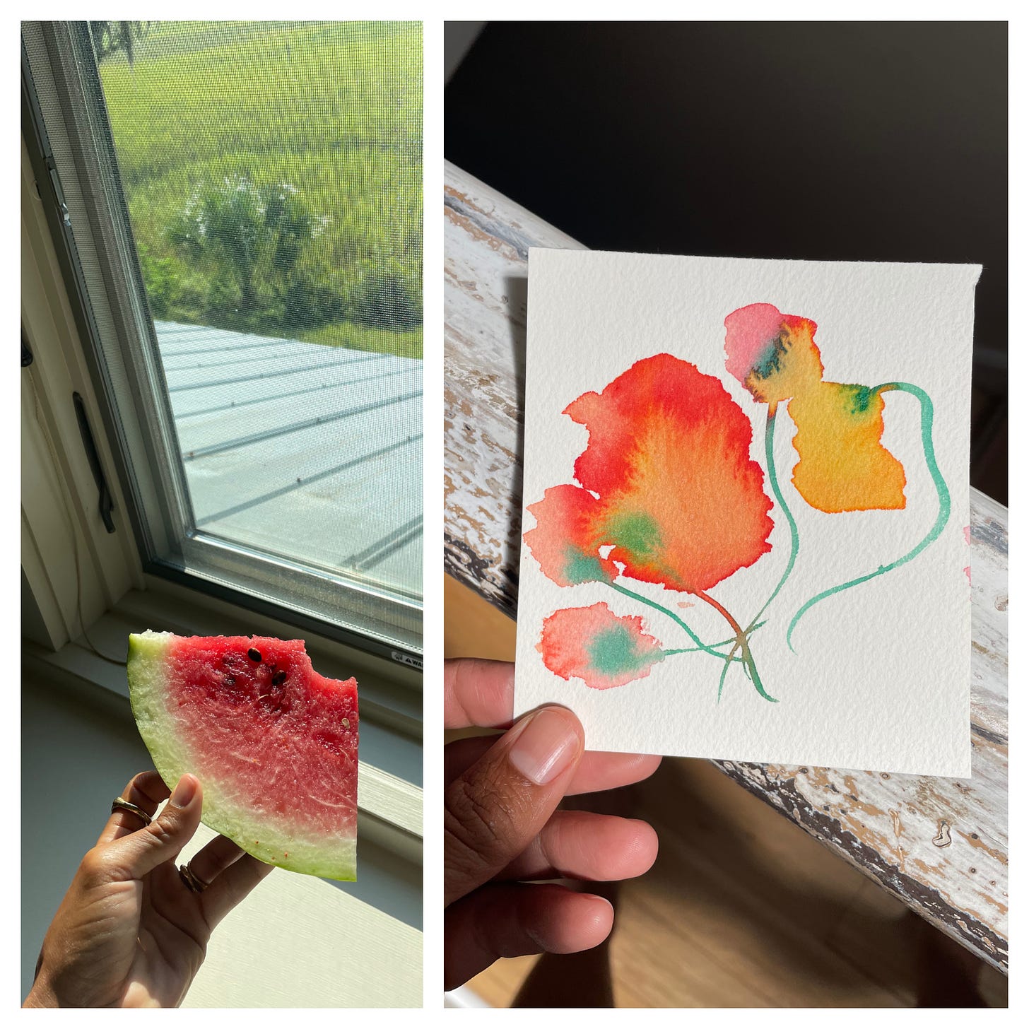 An image of a hand holding a watermelon near a window, alongside an image of a hand holding a Japanese style watercolor of flowers.
