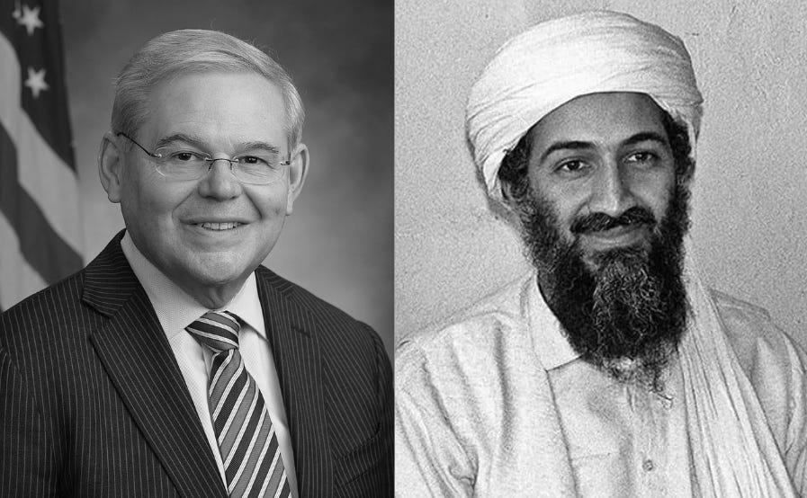 Side-by-side photos of Senator Menendez sitting in front of a flag, and a turban-clad Osama bin Laden; both smile