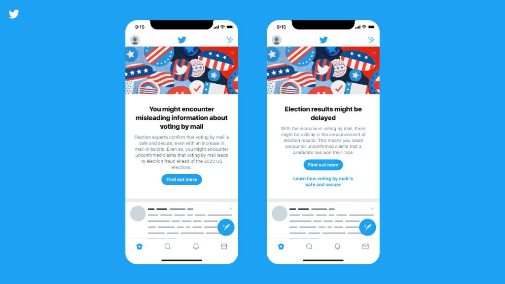 The app versions of the two different in-timeline prompts. The one on the left has a headline that reads, “You might encounter misleading information about voting by mail” and a “Find out more” button. The one on the right has a headline that reads, “Election results might be delayed”. A “Find out more” button and a link that reads, “Learn how voting by mail is safe and secure” is below.