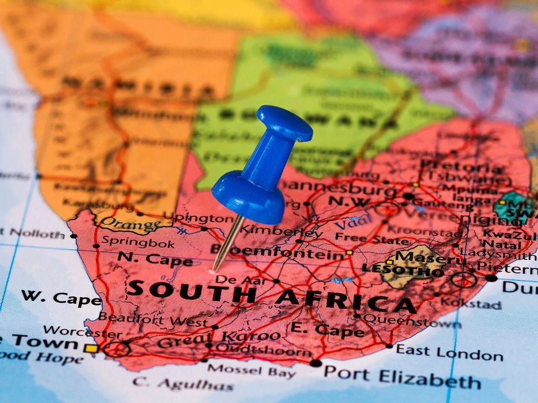 CDCROP: South Africa on a map with a pushpin thumbtack (Shutterstock)