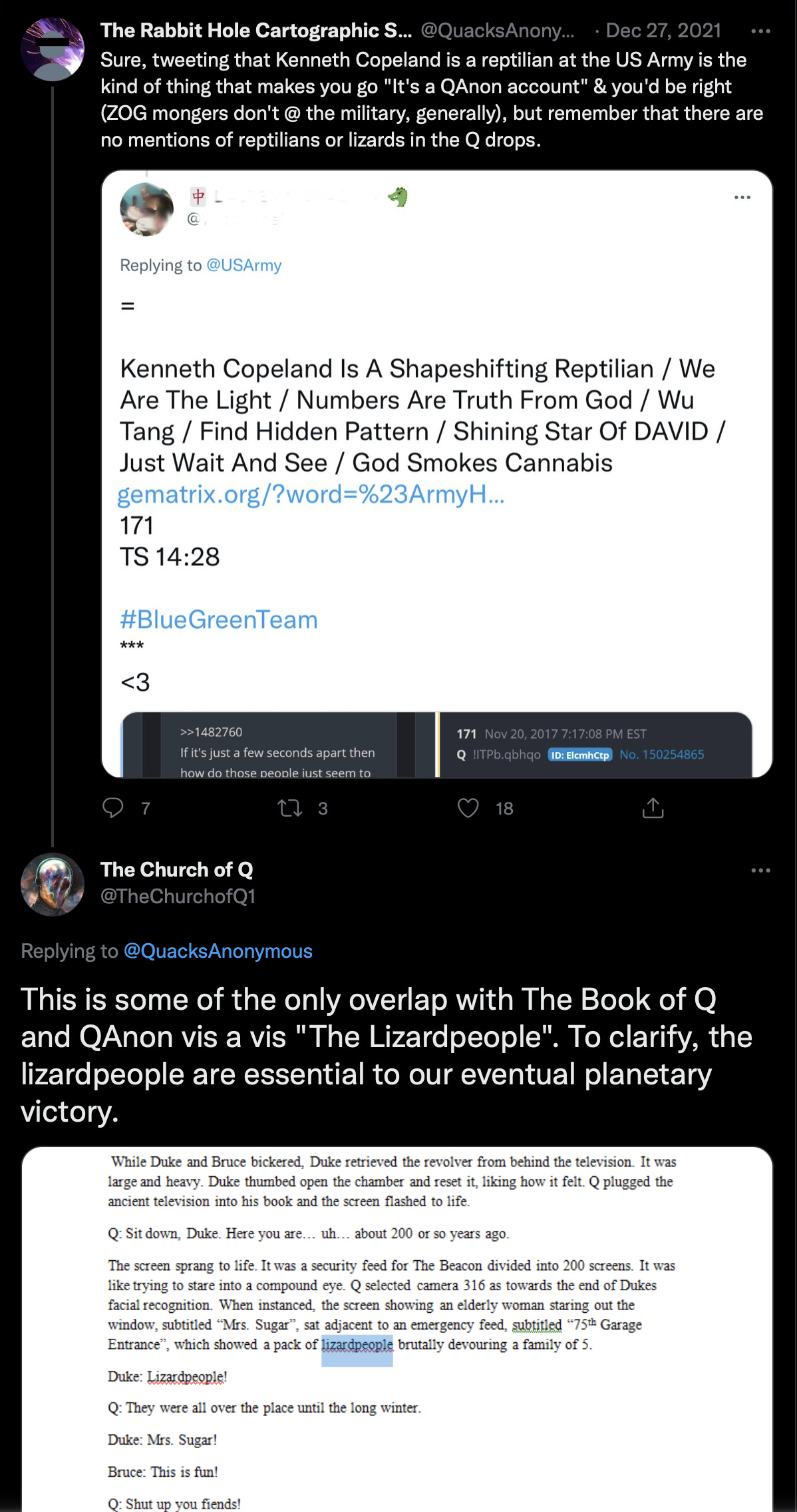 The merging of Liend’s work and Flynn’s narrative used to build fifth columns begins to come into view. There is a reason this guy’s blog has amassed over a quarter million page views. Some of his work has been likely pulled into the collection of conspiracies that make up the fabric of Q Anon.
