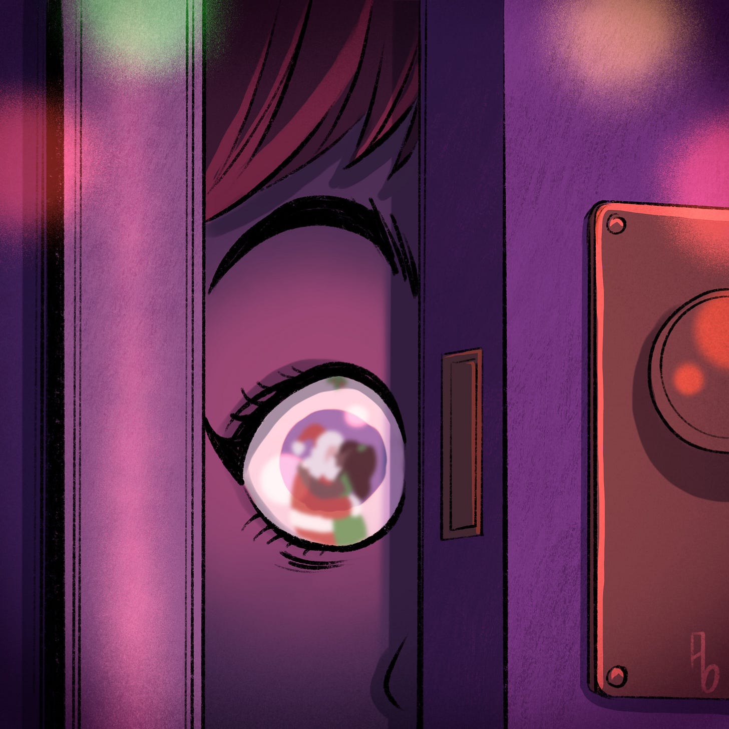 A child peeking though an ajar door, her mother kissing Santa Clause is reflected in her eye A child peeking though an ajar door, her mother kissing Santa Clause is reflected in her eye