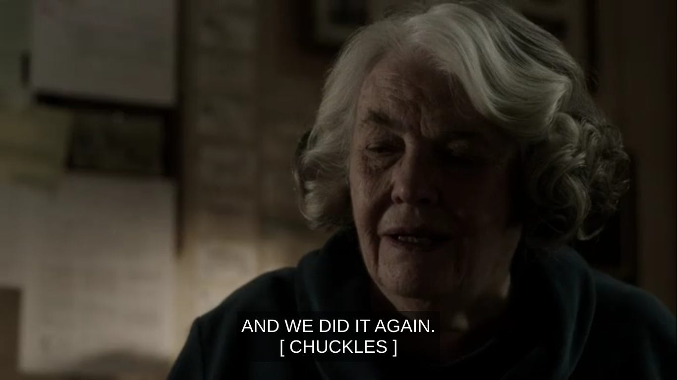 Old woman saying "And we did it again. [chuckles]"