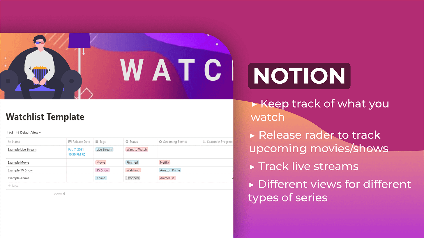 FREE, Watchlist Notion Template, Anime, TV & Movie Tracker