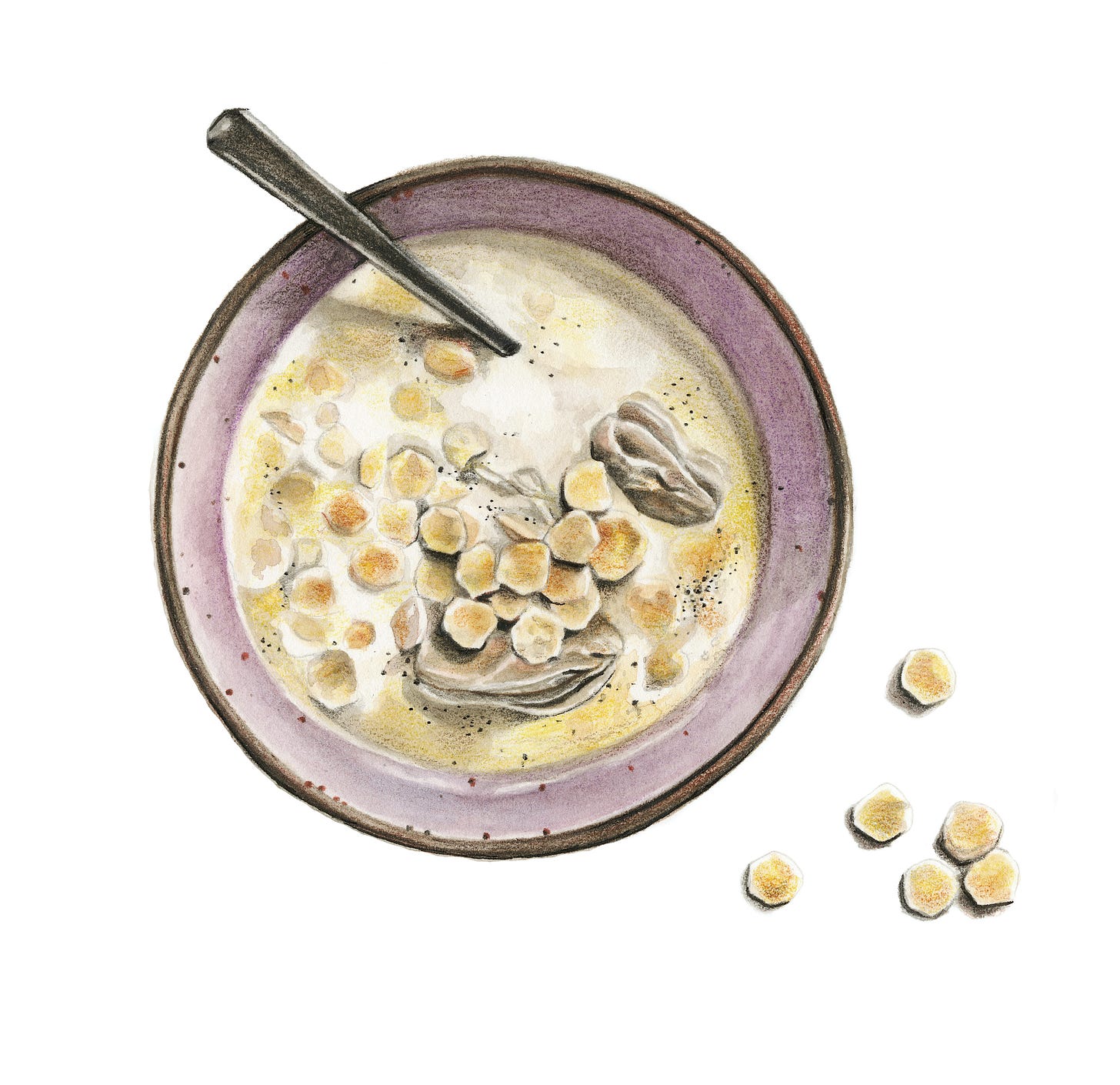 watercolor of oyster stew in a bowl