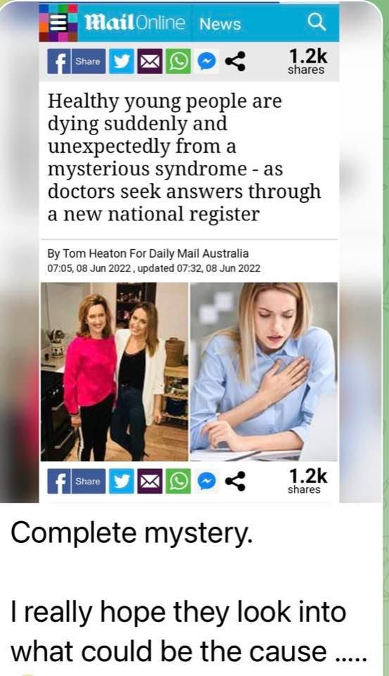 May be an image of 3 people, people standing and text that says "MailOnline News f Share 1.2k shares Healthy young people are dying suddenly and unexpectedly from a mysterious syndrome- as doctors seek answers through a new national register By Tom Heaton For Daily Mail Australia 07:05, 08 Jun 2022, updated 07:32, 08 Jun 2022 f Share 1.2k shares Complete mystery. I really hope they look into what could be the cause....."