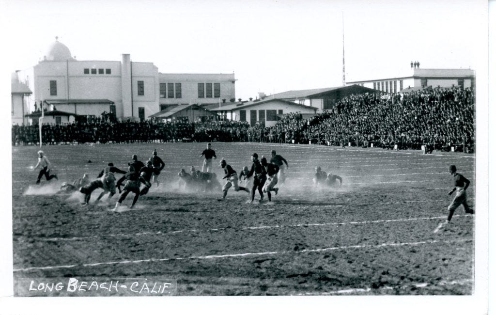 Game action during the 1919 Southwestern Championship game between Long Beach Poly and Phoenix High School.