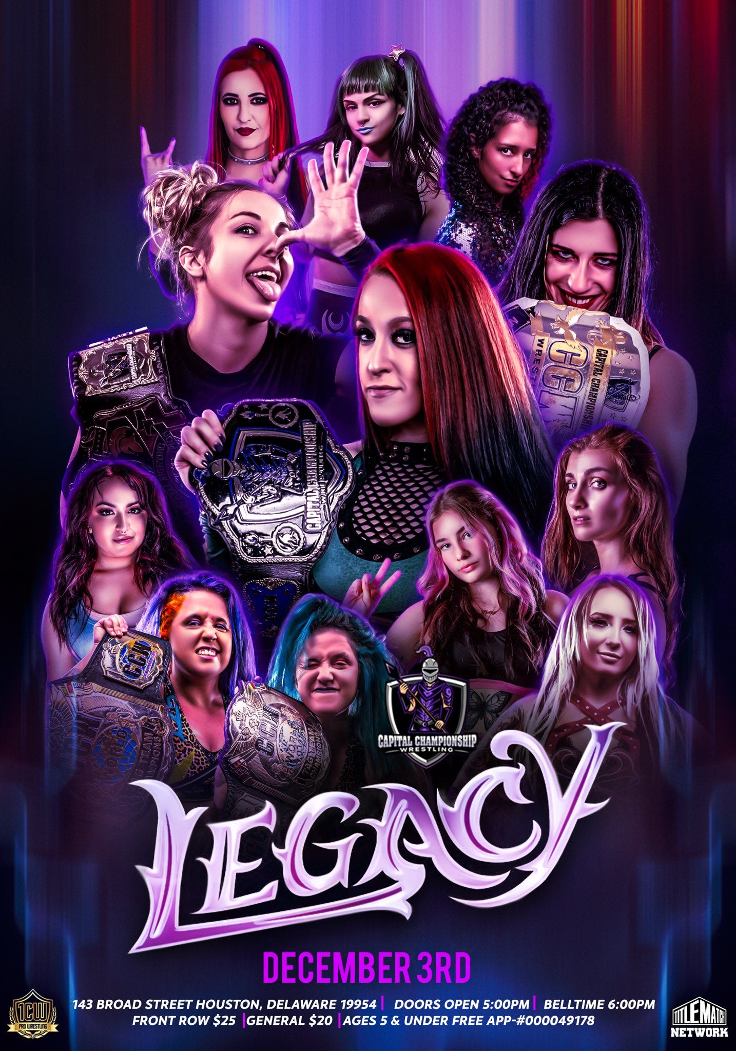 May be an image of 10 people and text that says 'จ LEGACY CAPITAL CHAMPIONSHIP DECEMBER 3RD 143 BROAD STREET HOUSTON, DELAWARE 19954 DOORS OPEN 5:00PM BELLTIME 6:00PM FRONT ROW $25 GENERAL $20 AGES & UNDER FREE APP -#000049178 IILEMAIG NETWORK'