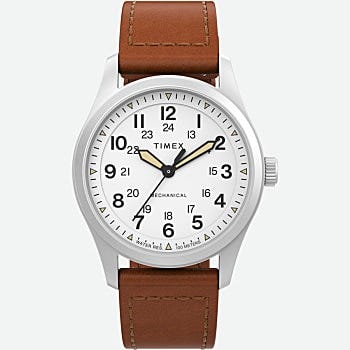 Front View of Expedition North Field Post Mechanical 38mm Eco-Friendly Leather Strap Watch Stainless-Steel/Brown/White 1.0