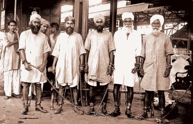 "Sohan Singh Bhakna, second from the right, was arrested and jailed for his role in the Ghadar Partys abortive revolt against British rule in India. The former St. Johns mill worker, a major organizer and leader of the party, is shown here in 1938 at Amritsar Railway Station." (Photo: Kesar Singh, Courtesy of Amarjit Chandan Collection. Source: Portland Tribune)  