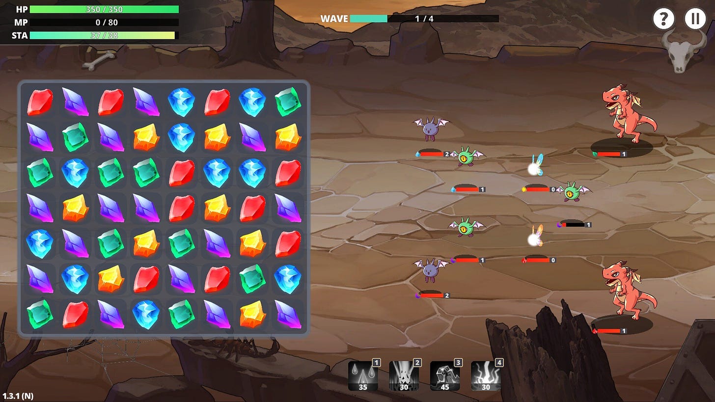 Layout of the combat system. The grid with the gems is at the left, while the monsters are at the right