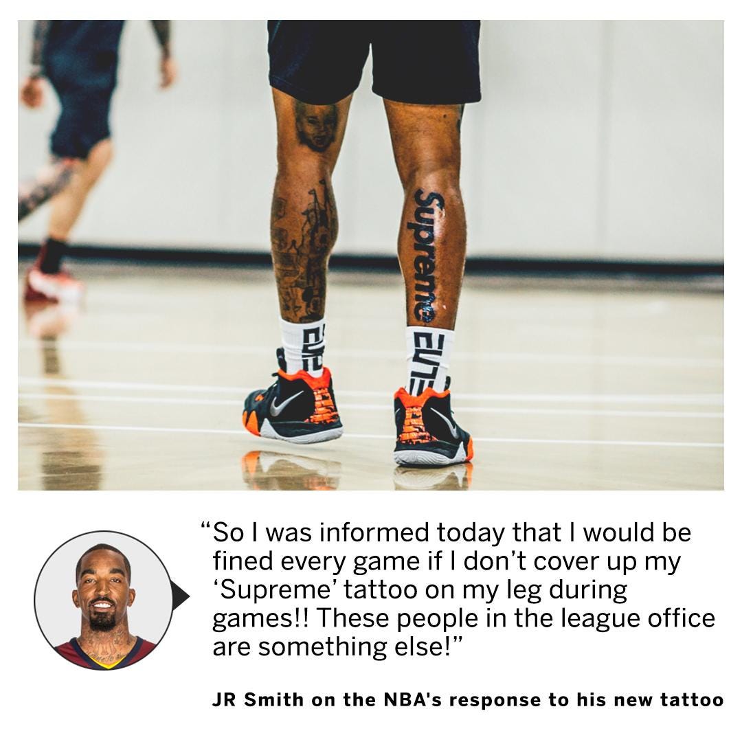 SportsCenter on Twitter: "JR Smith was informed that his new Supreme tattoo  violates an NBA rule. He was not happy about it. https://t.co/YRWmvfWPVp  https://t.co/gNhw8sFUIi" / Twitter