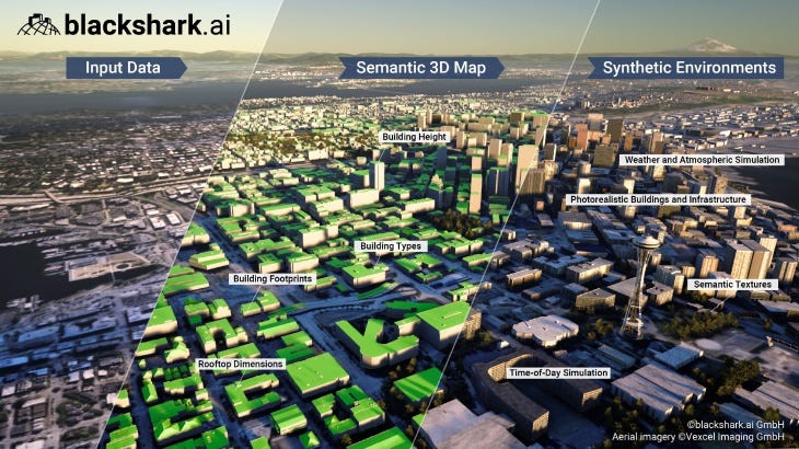A digital recreation of Seattle with layers of information like rooftop area labeled.