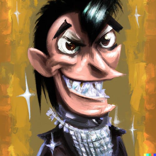 DALL·E 2022-09-20 03.50.18 - a small, malicious, evilly grinning villainous man with a wispy combover of greasy black hair wearing a glittering sequined shirt and black eye make-u