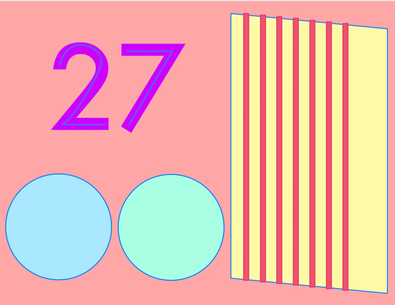 A design incorporating the number 27, two circles, and a parallelogram with 7 vertical stripes.