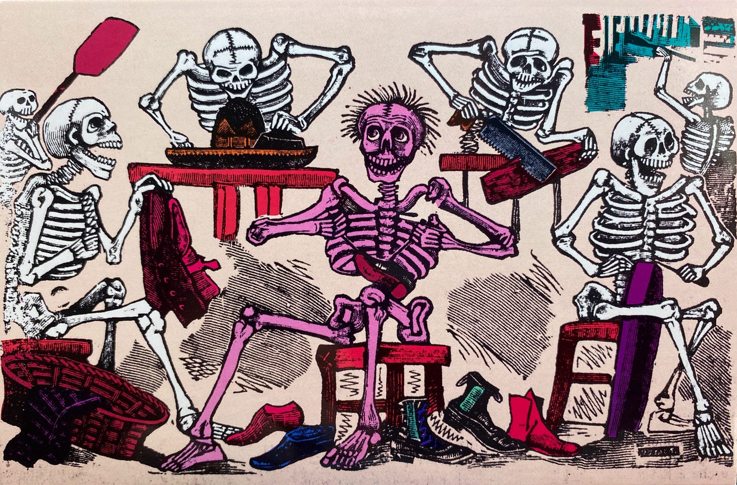 A group of naked skeletons crafting shoes, hats and other forms of clothing in their shop.