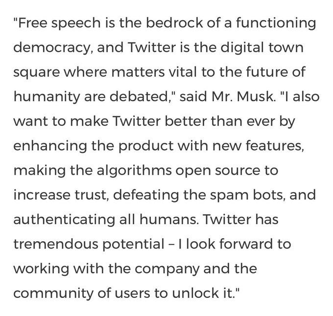 The full quote of the Tweet issued by Elon Musk at approximately 16:00 hours, April 25, 2022