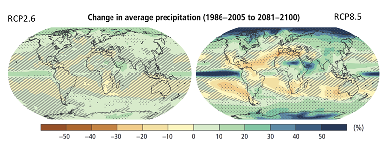 Two maps showing change in average precipitation.