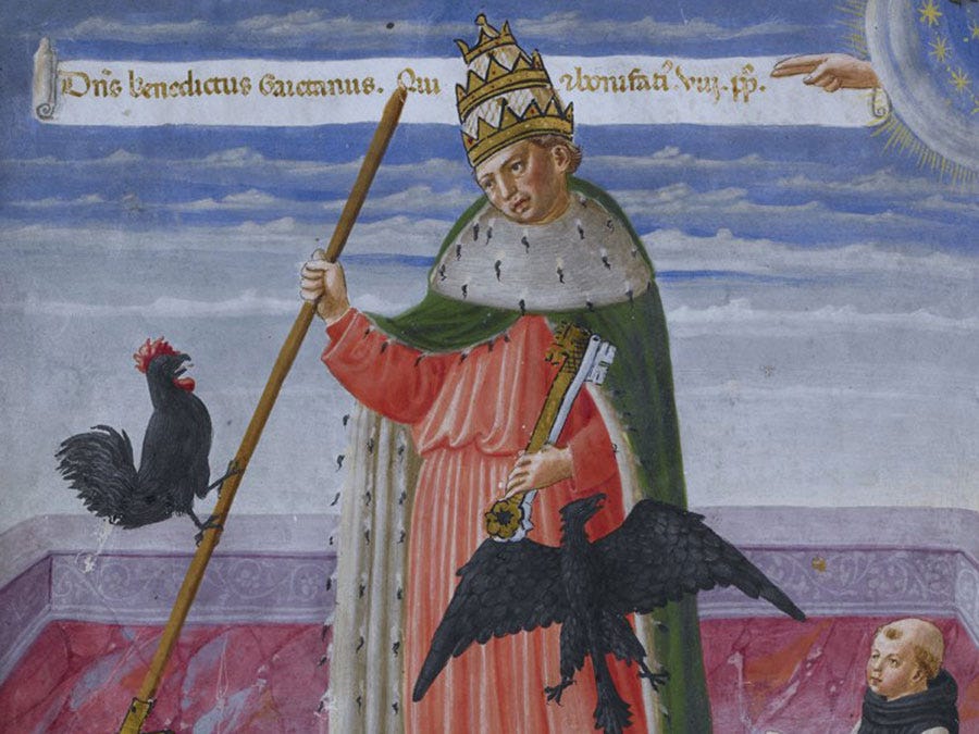 A medieval-style painting of Boniface VIII with a chicken climbing up his staff