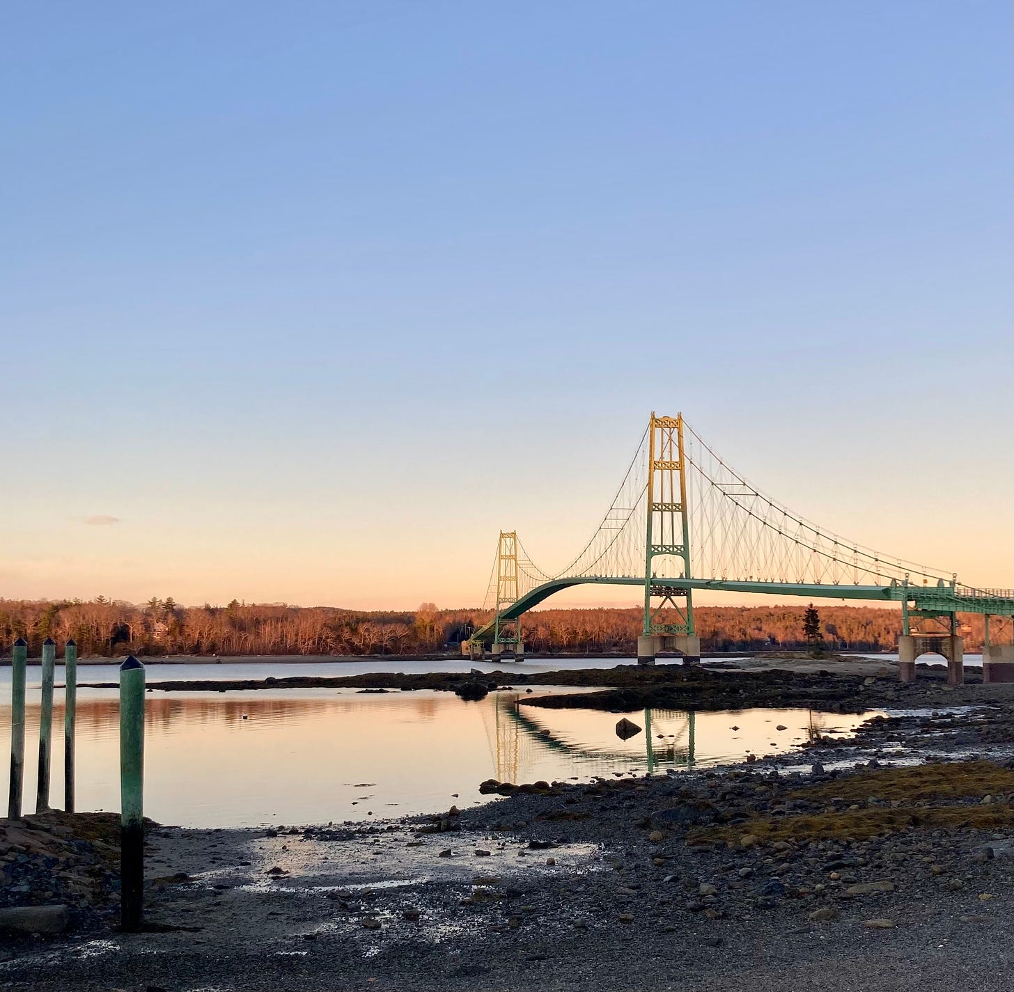 A green suspension bridge spans the Eggemoggin Reach. It is sunset and the top of the bridge is gold with setting sun.