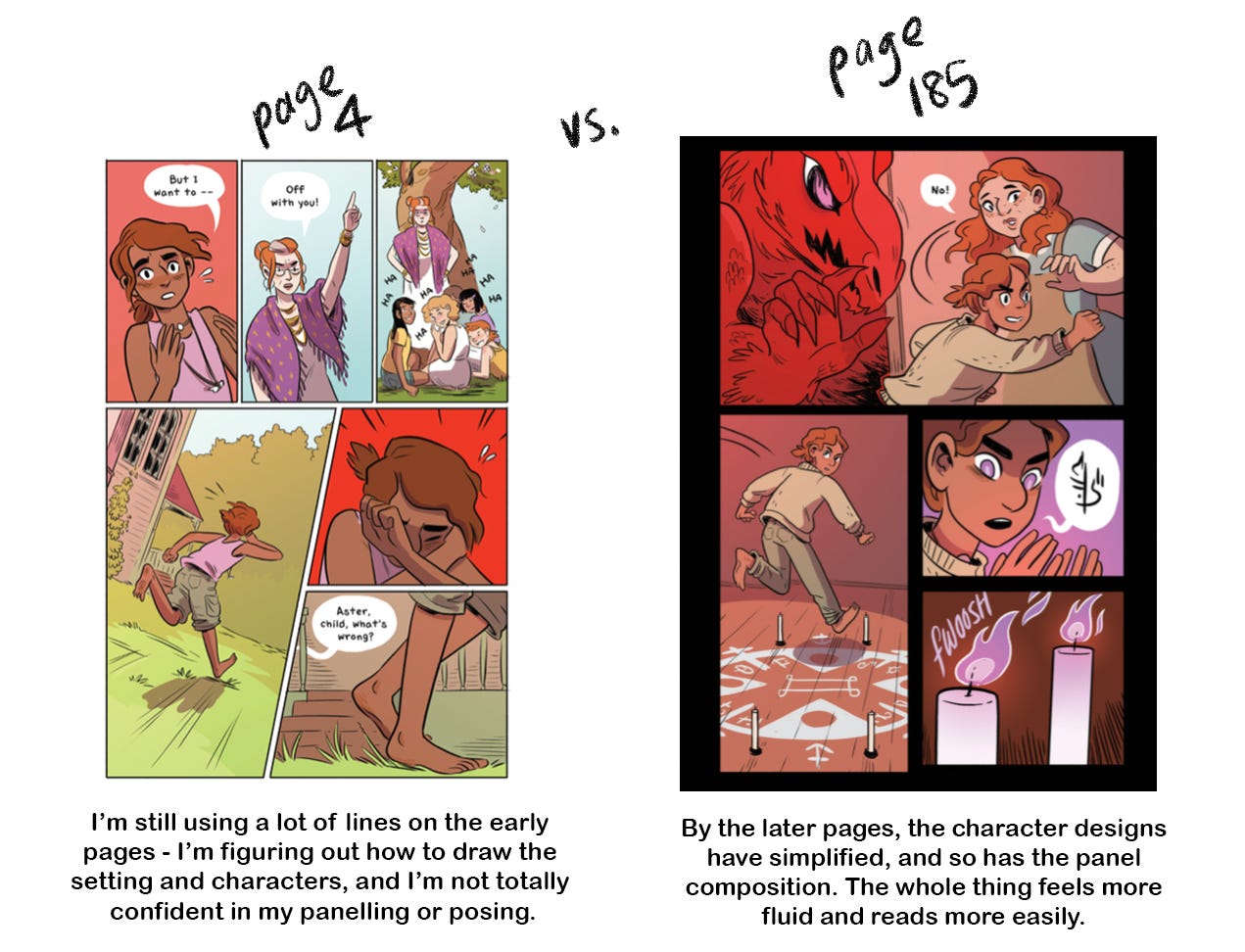 comparison of page 4 from the witch boy vs page 185.