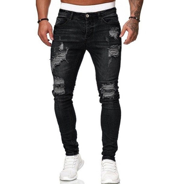 CenturyX Men's Skinny Distressed Ripped Jeans Destroyed Stretchy Knee Holes  Slim Tapered Leg Jeans Black XL - Walmart.com