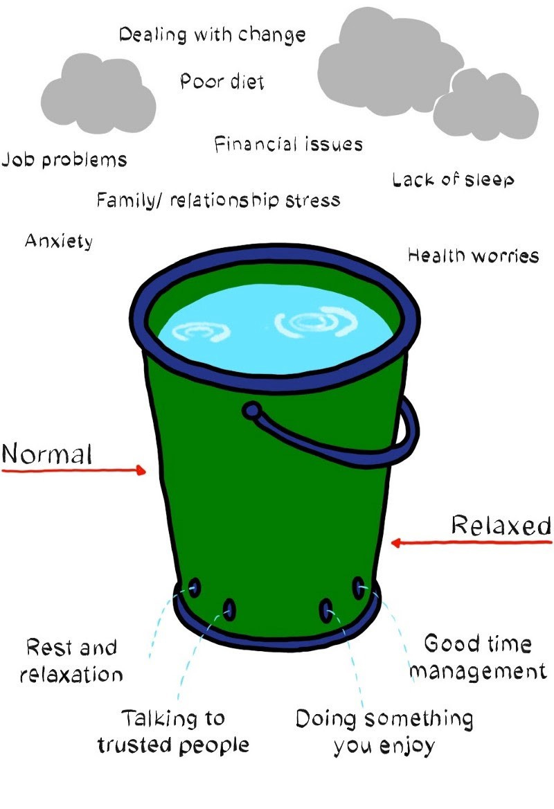 An illustration of a stress bucket. Showing how we manage everything in our day to day life and what happens when we don’t.