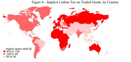 Figure 4—1mplicit Carbon Tax on Traded Goods, by Country 
Implicit tariff (S) 
—-139 to -83 
--83 to 36 