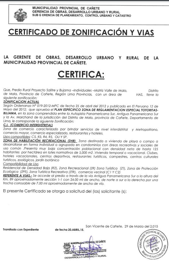 Ejemplo de Certificado de Zonificación y Vías