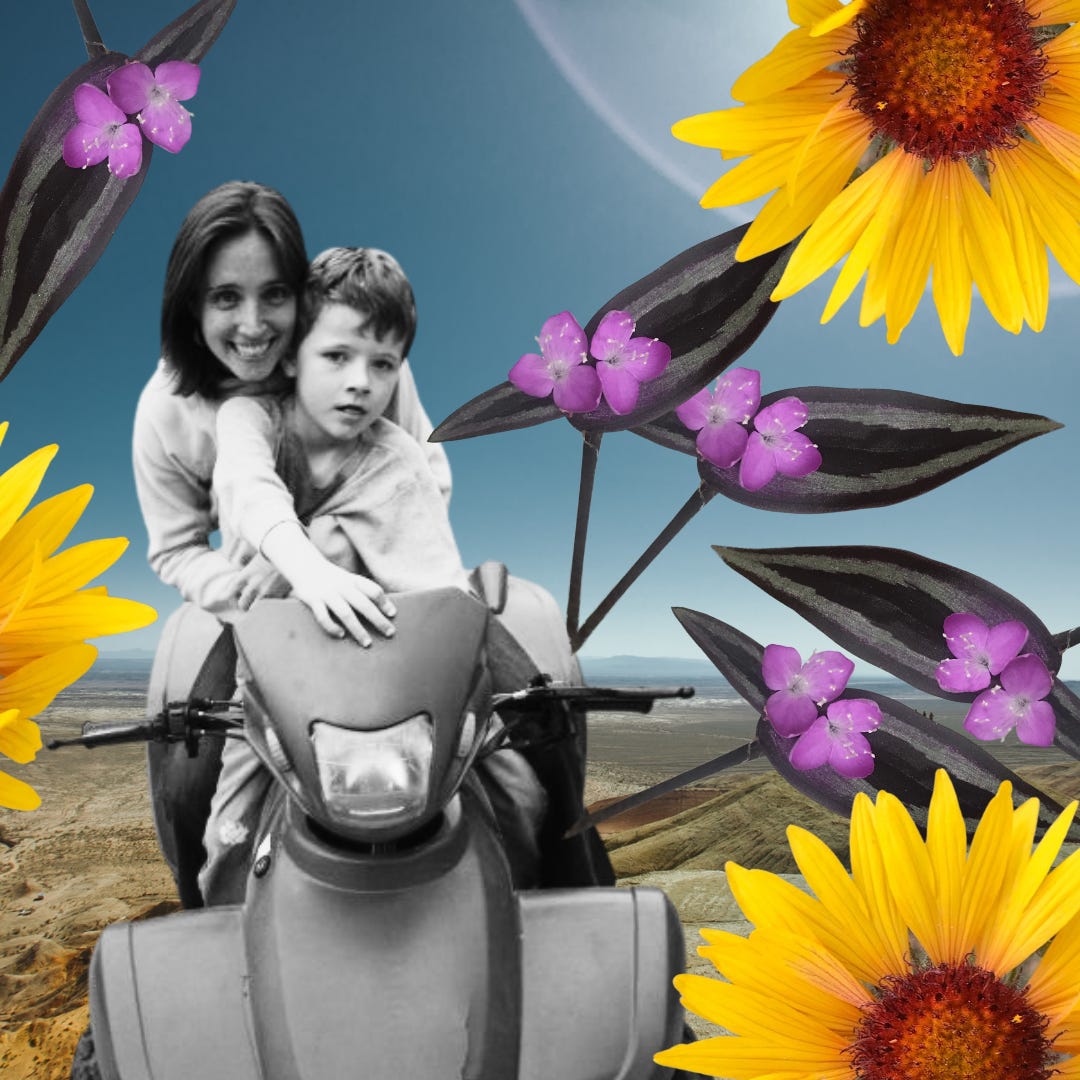 collage of flowers and a black and white image of the author and Hunter riding an ATV