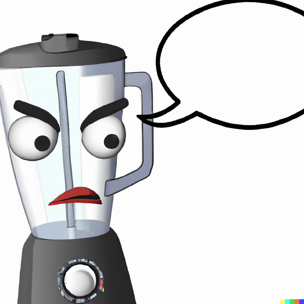 “blender with a speech bubble above its head, digital art,” as interpreted by OpenAI’s DALL-E
