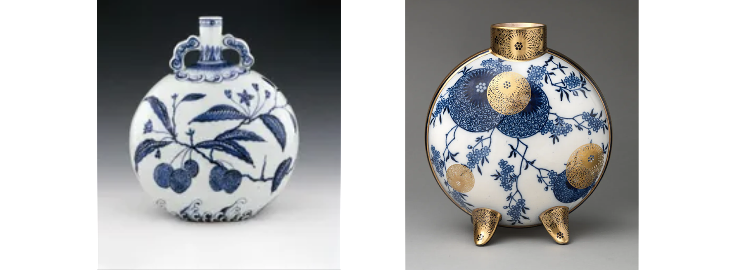 Two Chinese round vases side by side.