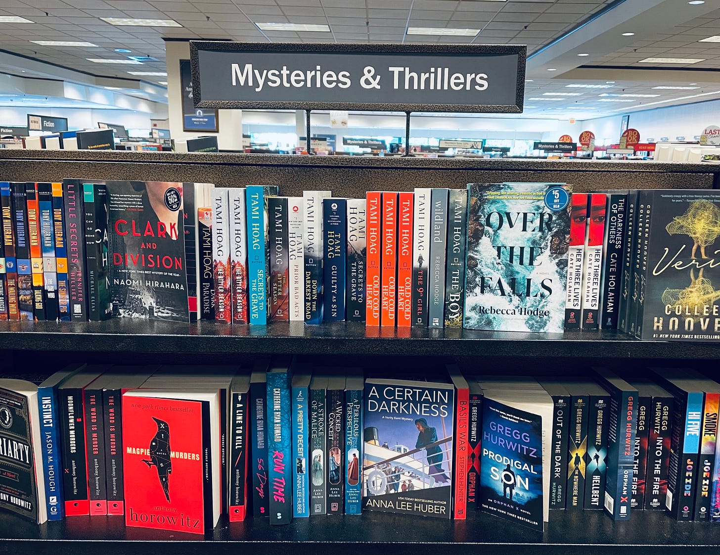 a photo of the mysteries and thrillers section at Barnes & Noble