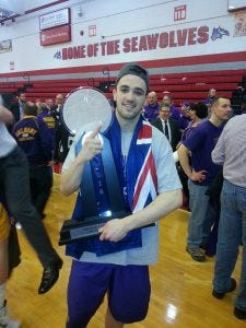 Peter Hooley with the 2014 America East MVP Trophy - Courtesy Peter Hooley