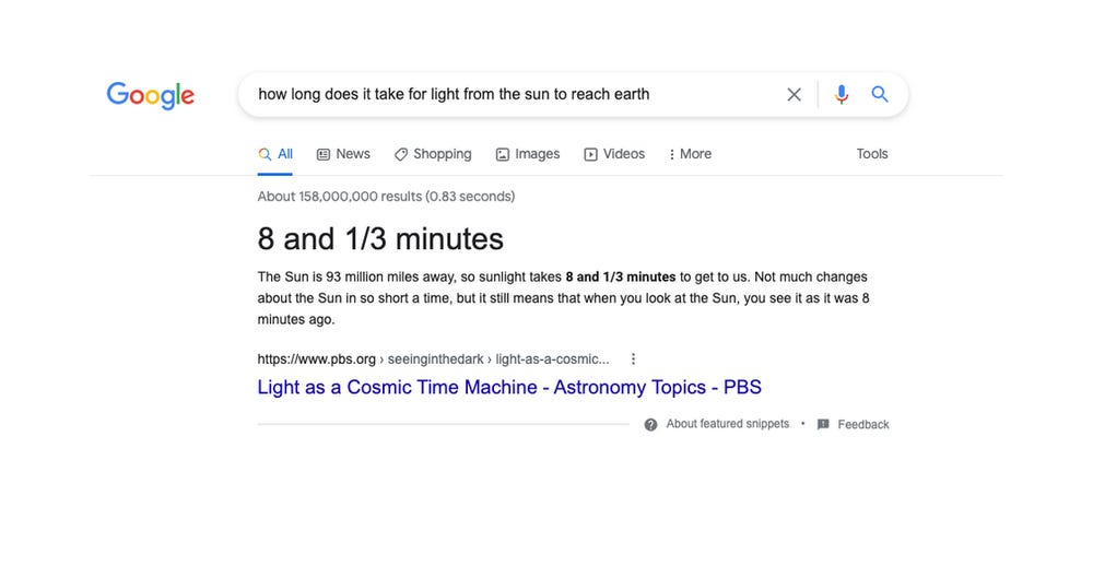 A screenshot shows a query for “how long does it take for light from the sun to reach earth,” with a featured snippet highlighting a helpful article about the question and a bolded callout saying “8 and ⅓ minutes.”